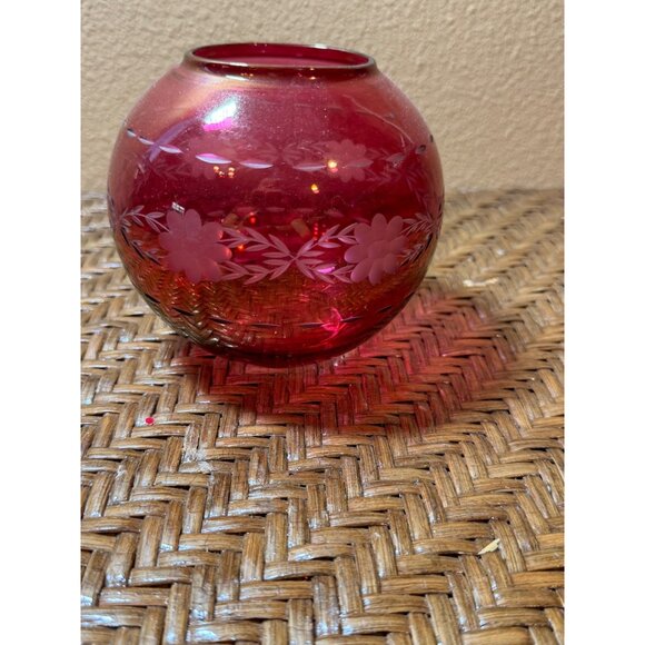 Vintage Cranberry Red Floral Etched Glass Bowl - Picture 1 of 5